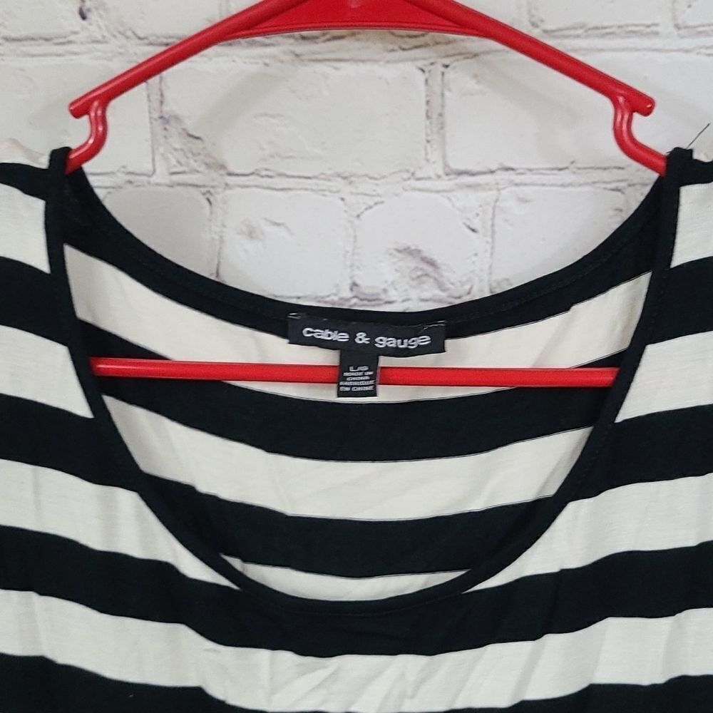 Black White Stripe Top Large Cable & Gauge Pom Detail Soft Luxe Chic Dolman Tee - Picture 5 of 10